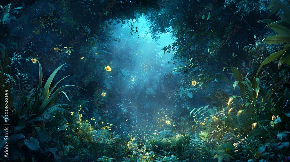 Obraz premium A mystical forest scene illuminated by soft blue light, filled with lush greenery and twinkling fireflies, creating an enchanting atmosphere.