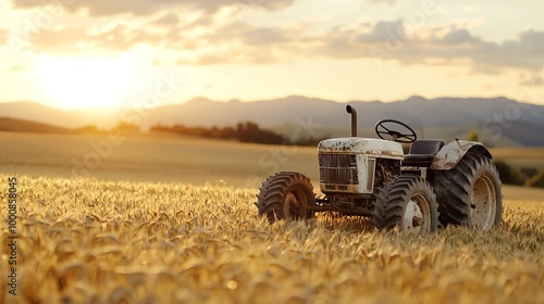 Old, rusty tractor in a golden field of wheat, lit by the soft glow of an autumn sunset