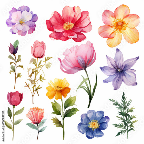 Beautiful Watercolor Flower Clipart Set on White Background