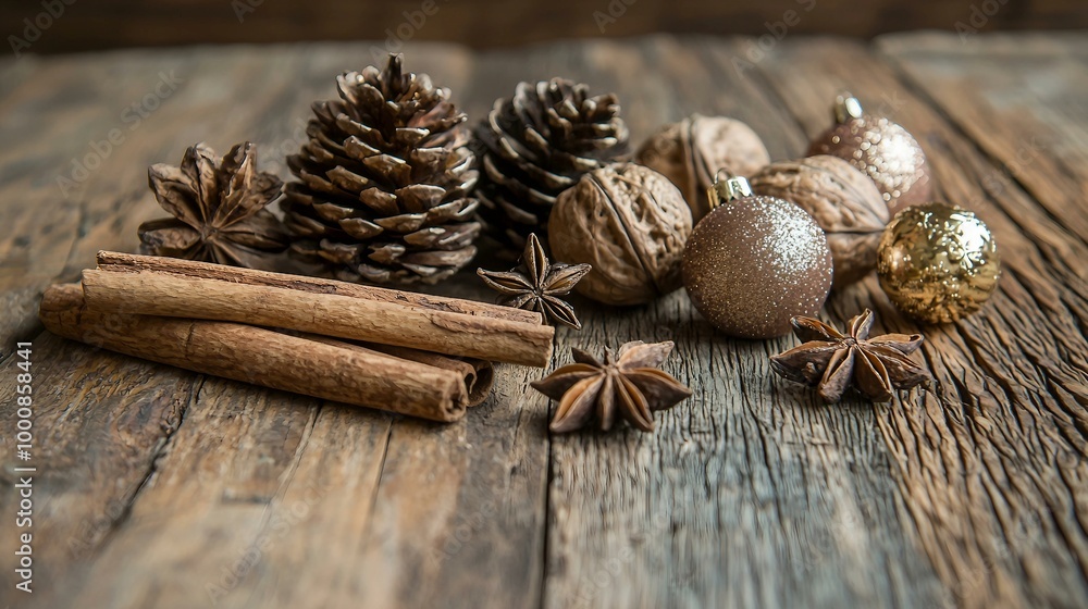 Cozy Holiday Arrangement with Pinecones and Festive Decorations on Rustic Wood Cozy Holiday Arrangement with Pinecones and Festive Decorations on Rustic Wood