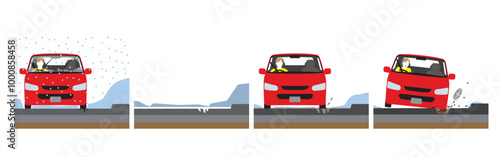 冬の凍結と雪解けによるアスファルト道路の穴。道路が陥没して乗用車のタイヤが落ちるイメージイラスト