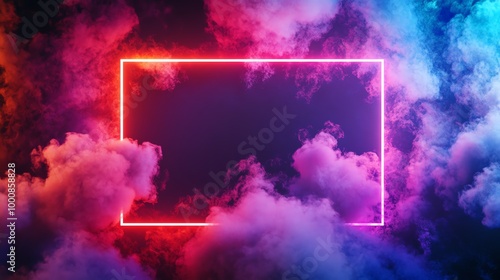 A neon pink square frame in front of a pink and blue smoke background.