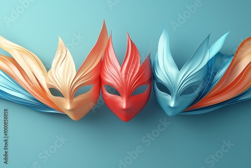 Three masks are shown in a row, with one being blue, one being red, and one being orange. carnival masks levitating, render 3d minimalism, solid background photo