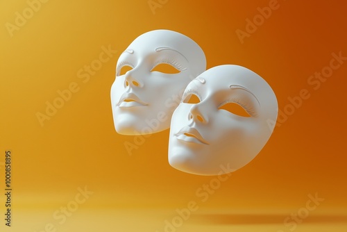Two white masks are floating in the air. One is on the left and the other is on the right. carnival masks levitating, render 3d minimalism, solid background