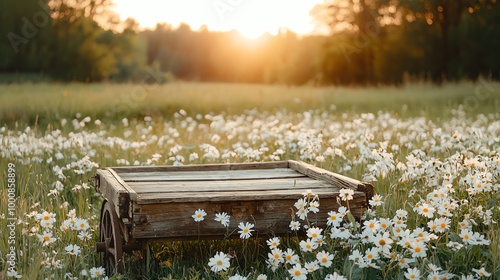 Vintage hay cart surrounded by blooming wildflowers, blending rustic past with natural beauty photo