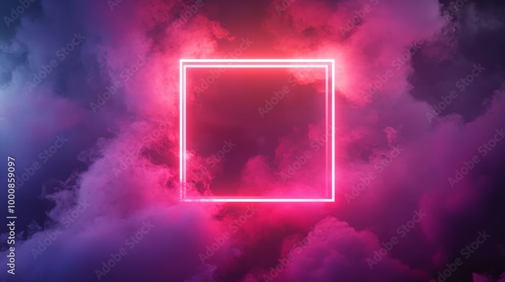 A neon pink square frame is surrounded by purple and blue smoke. A neon pink square frame is surrounded by purple and blue smoke.