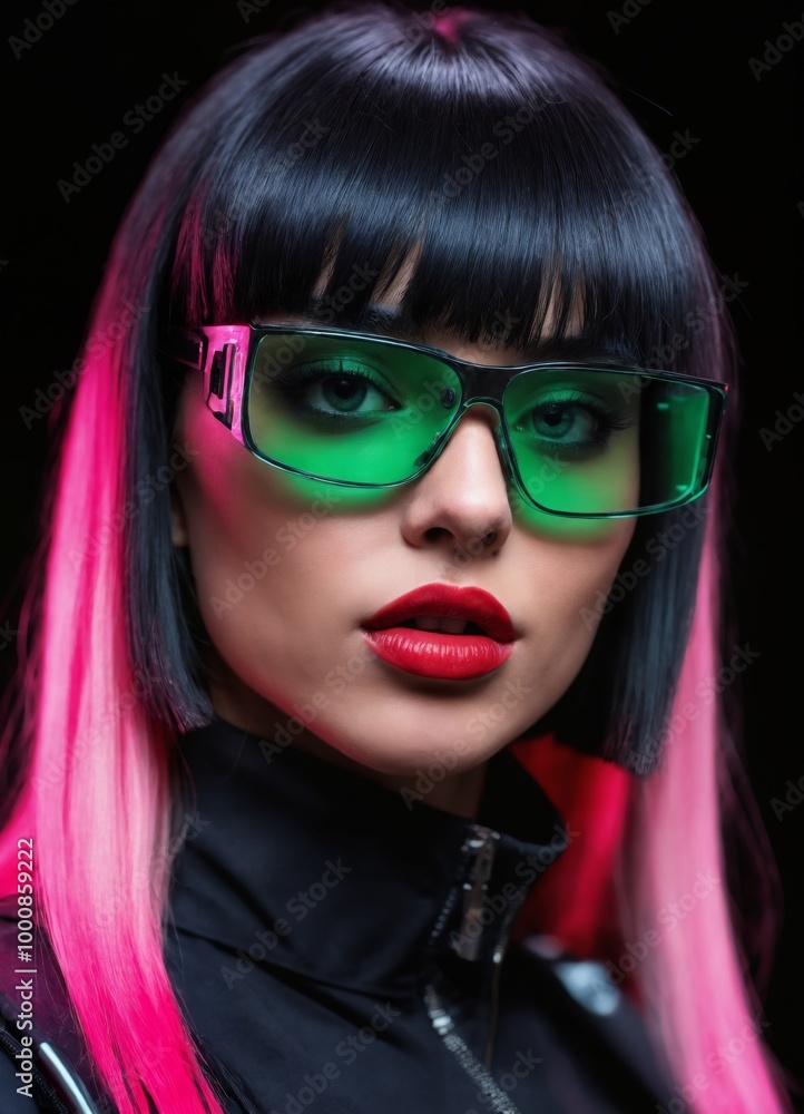 Fototapeta premium bold cyberpunk-inspired portrait featuring a woman with striking pink and black hair, futuristic glasses with green lenses, and neon lights casting vibrant reflections