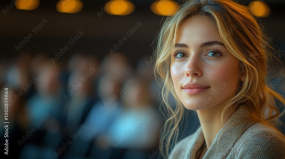 Close-up portrait of a beautiful young woman looking at the camera with a soft smile, with a blurred background of people in the cafe. Close-up portrait of a beautiful young woman looking at the camera with a soft smile, with a blurred background of people in the cafe.
