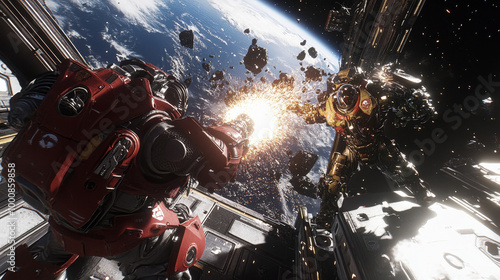 Epic battle between two futuristic warriors in powered armor, set in space amidst asteroids. intense action and vibrant explosions create thrilling atmosphere