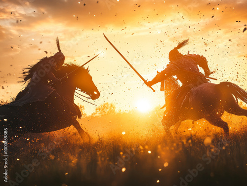 Epic battle between two warriors on horseback clashing at sunset, showcasing dynamic movement and intense energy. scene is filled with dust and light, creating dramatic atmosphere