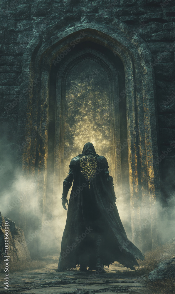 A mysterious figure stands before an ancient, glowing doorway, shrouded in mist and darkness. intricate designs on their armor hint at powerful presence, evoking sense of adventure and intrigue A mysterious figure stands before an ancient, glowing doorway, shrouded in mist and darkness. intricate designs on their armor hint at powerful presence, evoking sense of adventure and intrigue