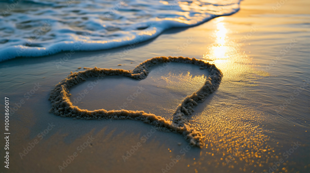 Beach heart symbol in the sand during summer, celebrating love and romance on a tropical holiday, ocean waves, shore, creating a beautiful and scenic seascape under the sunlight in nature Beach heart symbol in the sand during summer, celebrating love and romance on a tropical holiday, ocean waves, shore, creating a beautiful and scenic seascape under the sunlight in nature