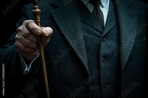 A Close-up of a Man's Hand Holding a Walking Stick, Dressed in a Formal Suit photo