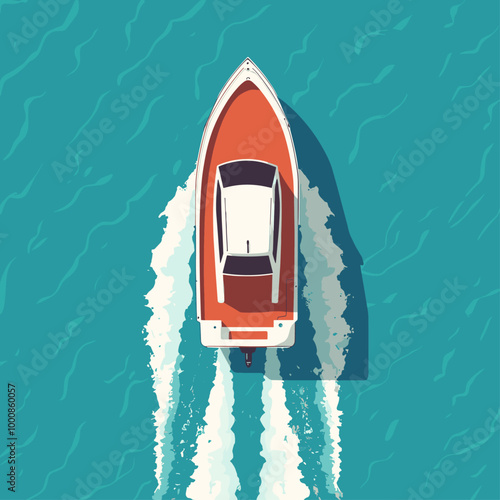 Minimalist Vector Illustration of a Yacht on the Ocean, Aerial View