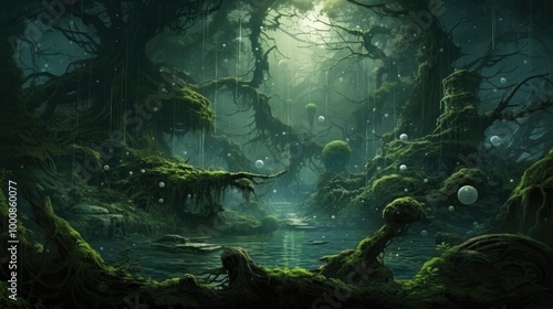 Mystical Forest with Floating Spheres and a Tranquil Stream