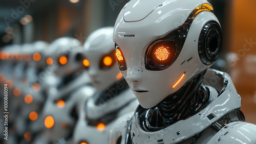 Futuristic robots with glowing eyes in precise formation