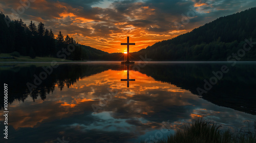 Cross symbol of God Jesus Christ against a beautiful sunset by the lake Christianity and religion in nature, showcasing holy landscapes with scenic views and peaceful water under sky photo