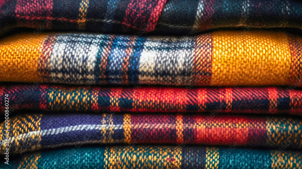 Stack of soft, folded blankets made from cotton and wool textiles, warmth and comfort in a cozy home setting, different colors and patterns, trendy interior design and bedroom decor Stack of soft, folded blankets made from cotton and wool textiles, warmth and comfort in a cozy home setting, different colors and patterns, trendy interior design and bedroom decor