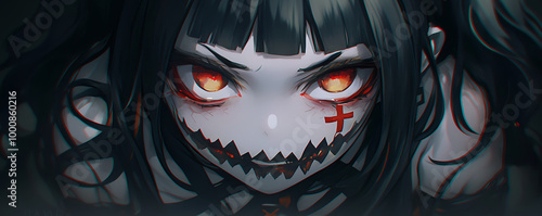 Crazy anime young girl cyberpunk digital painting. Manga woman evil dark Halloween theme photo