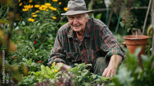 An old man is sitting in a garden, tending to his plants