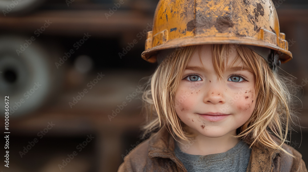 Child with dirty hard hat at construction site Child with dirty hard hat at construction site
