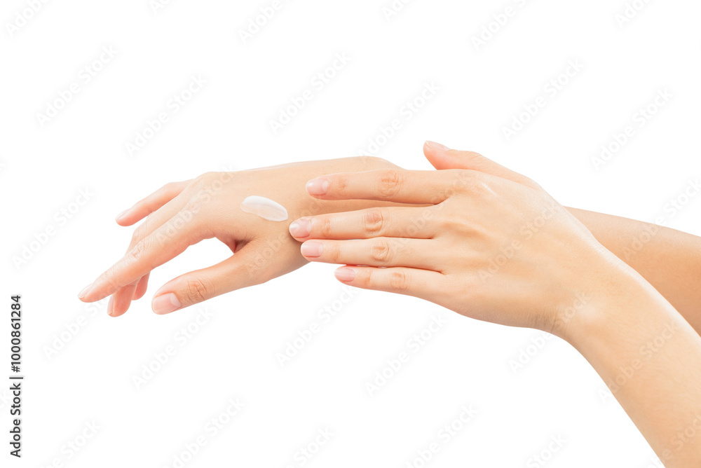 Woman hand applying cosmetic cream on her finger on background. Woman hand applying cosmetic cream on her finger on background.