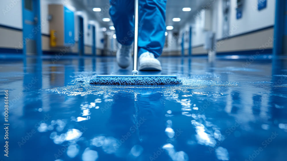 A uniformed cleaner carefully mops the epoxy floor in the patient room, making sure the hall floor is hygienically clean. A uniformed cleaner carefully mops the epoxy floor in the patient room, making sure the hall floor is hygienically clean.