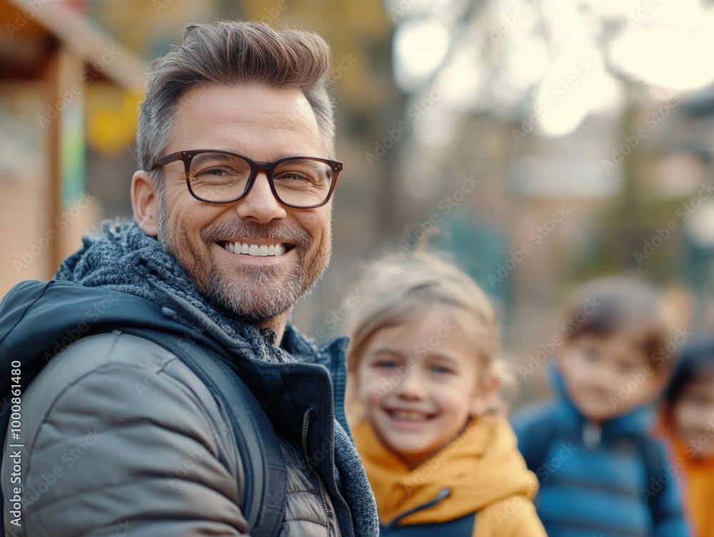 Man with glasses among kids Man with glasses among kids