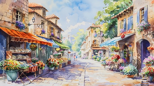 A picturesque street scene featuring charming shops adorned with vibrant flowers and colorful awnings under a bright sky.