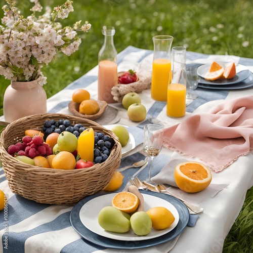 Stylish spring picnic with fresh fruits and trendy table settings showcasing seasonal lifestyle trends
 photo