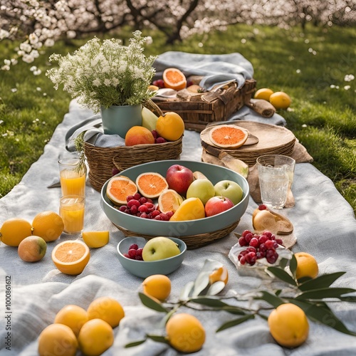 Stylish spring picnic with fresh fruits and trendy table settings showcasing seasonal lifestyle trends
 photo