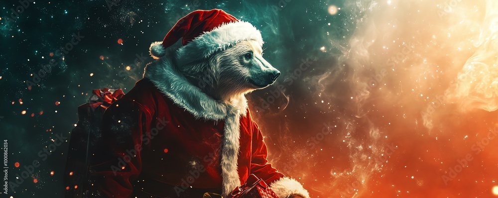 Polar bear in Santa costume, festive background Polar bear in Santa costume, festive background
