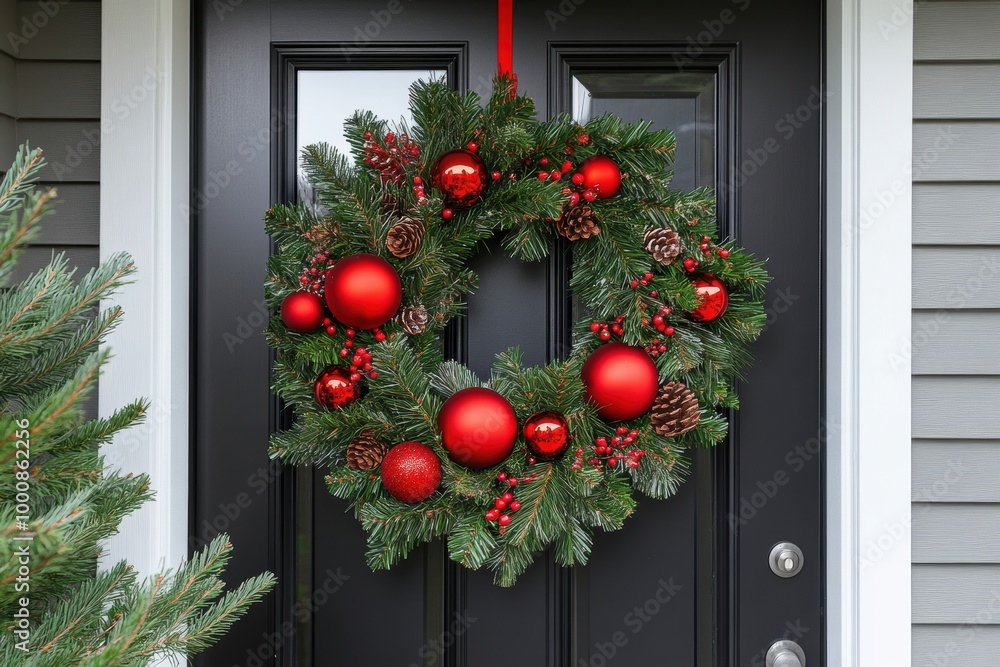 Festive Christmas wreath adorning modern door Festive Christmas wreath adorning modern door