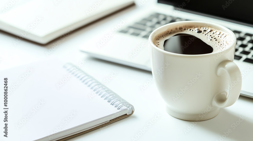 Cup of coffee beside laptop and notebook Cup of coffee beside laptop and notebook