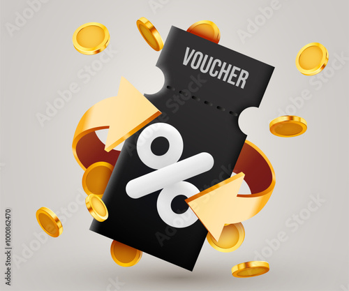 3d coupon with golden coins and present box. Special giveaway with coupons or voucher, percentage off. Gift voucher and gold coin sign template.