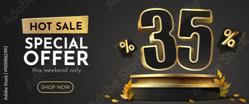 35 percent Off. Discount creative composition. Sale banner and poster.