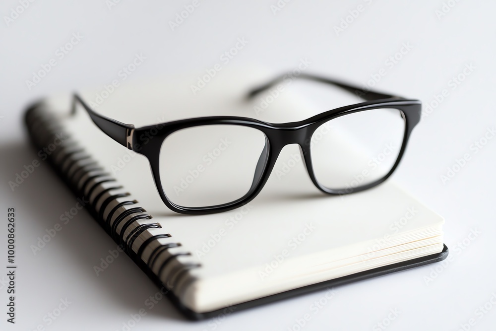 Glasses on blank notebook, white background Glasses on blank notebook, white background