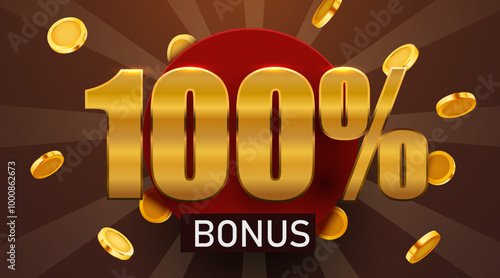 100 percent bonus with falling golden coins. Cashback or prize concept.