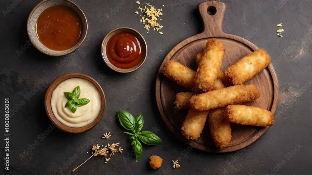 Naklejka premium appetizing fried mozzarella sticks on wooden plate flat lay background