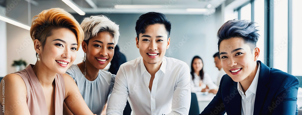 Group of young diverse business people smiling and sitting in office, brainstorming, multicultural team at work,