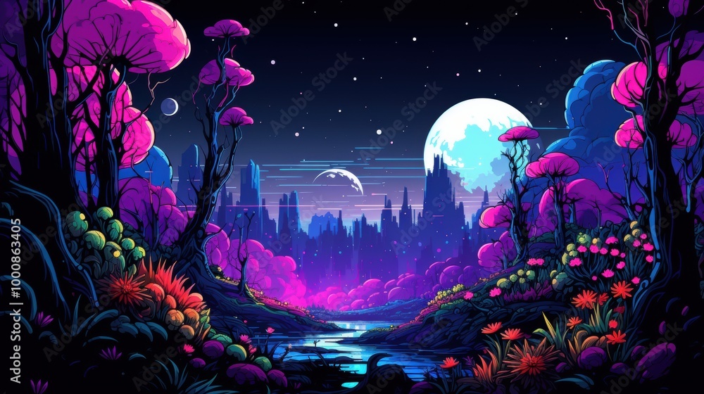 A Dreamlike Landscape with Neon Trees, Cityscape, and Stars A Dreamlike Landscape with Neon Trees, Cityscape, and Stars