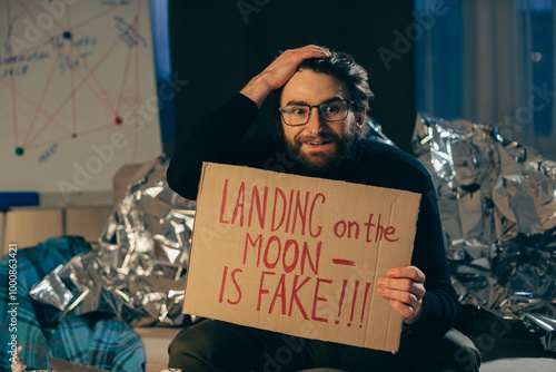 Canvas Print A conspiracy theorist with a message: The moon landing is fake.