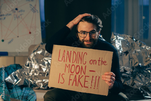 A conspiracy theorist with a message: The moon landing is fake. photo