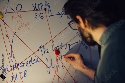 A man is standing near a crazy table on a conspiracy theory board. photo