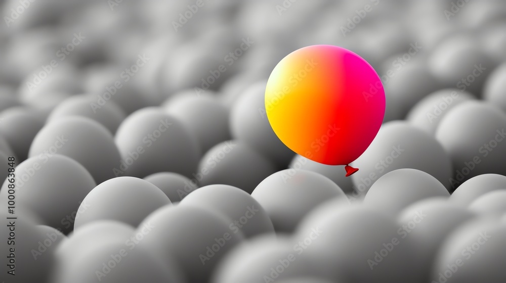 One orange and pink balloon stands out in a group of gray balloons. One orange and pink balloon stands out in a group of gray balloons.