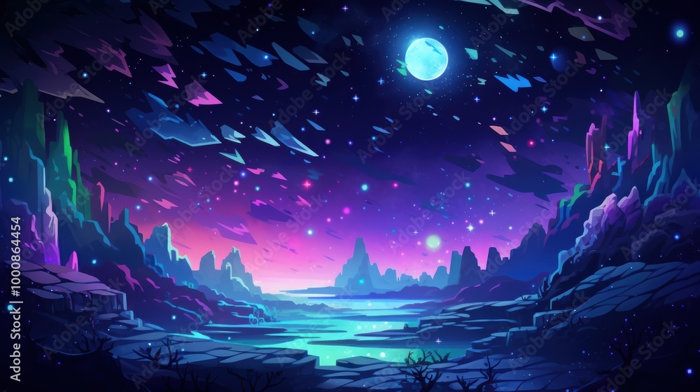 Fototapeta premium A Mystical Alien Landscape With A Full Moon and Floating Crystals