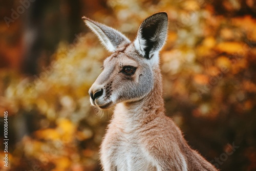 A kangaroo stands alert in a vibrant autumn forest filled with golden foliage and soft light