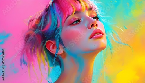 Dreamy digital portrait of a young woman with vibrant, colorful hair in shades of pink, blue, and yellow, capturing an ethereal essence.