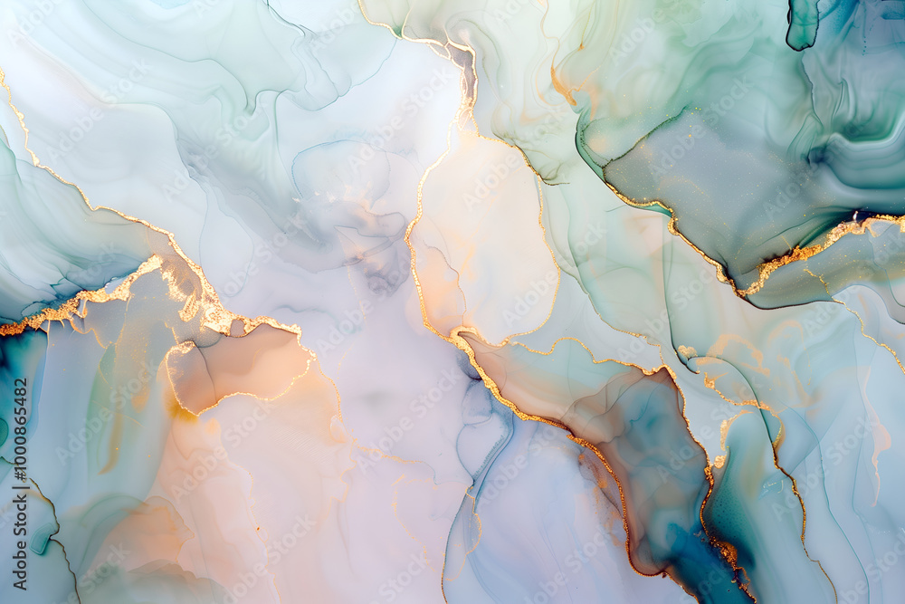 Naklejka premium Banner featuring abstract background of pastel green and blue and gold alcohol ink blending together. Pastel light background. Dynamic mix of colors with fluid shapes and textures, creating an elegant