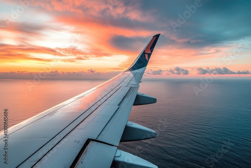 Airplane flight in sunset sky over ocean water and wing of plane. View from the window of the Aircraft. Traveling in air - generative ai